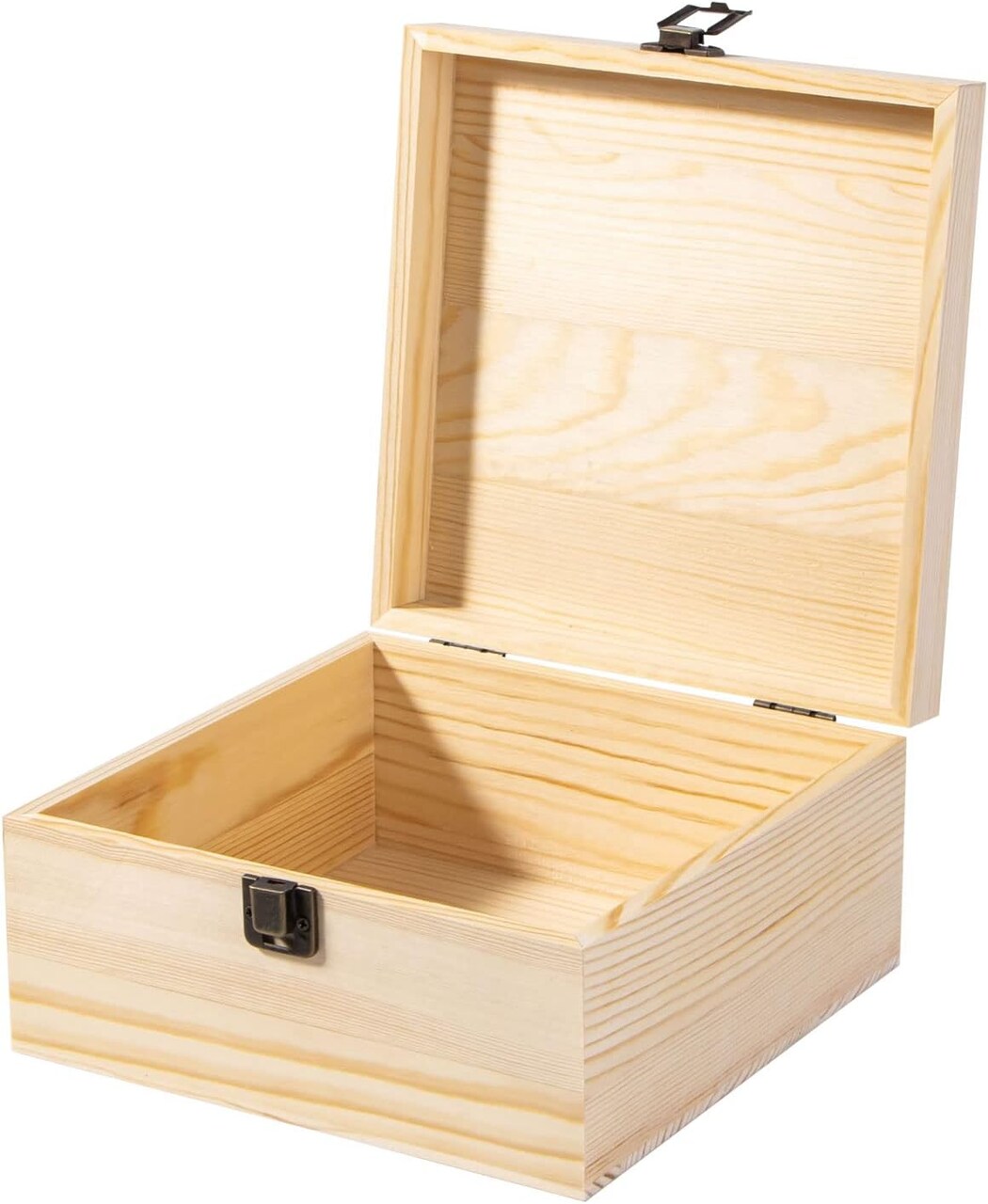 Unfinished Wooden Storage Box with Hinged Lid and Front Clasp, 7.7'' x 7.7'' x 3.9'' Keepsake Box, Rustic Wood Gift Boxes for Jewelry, Art Hobbies and DIY lovers